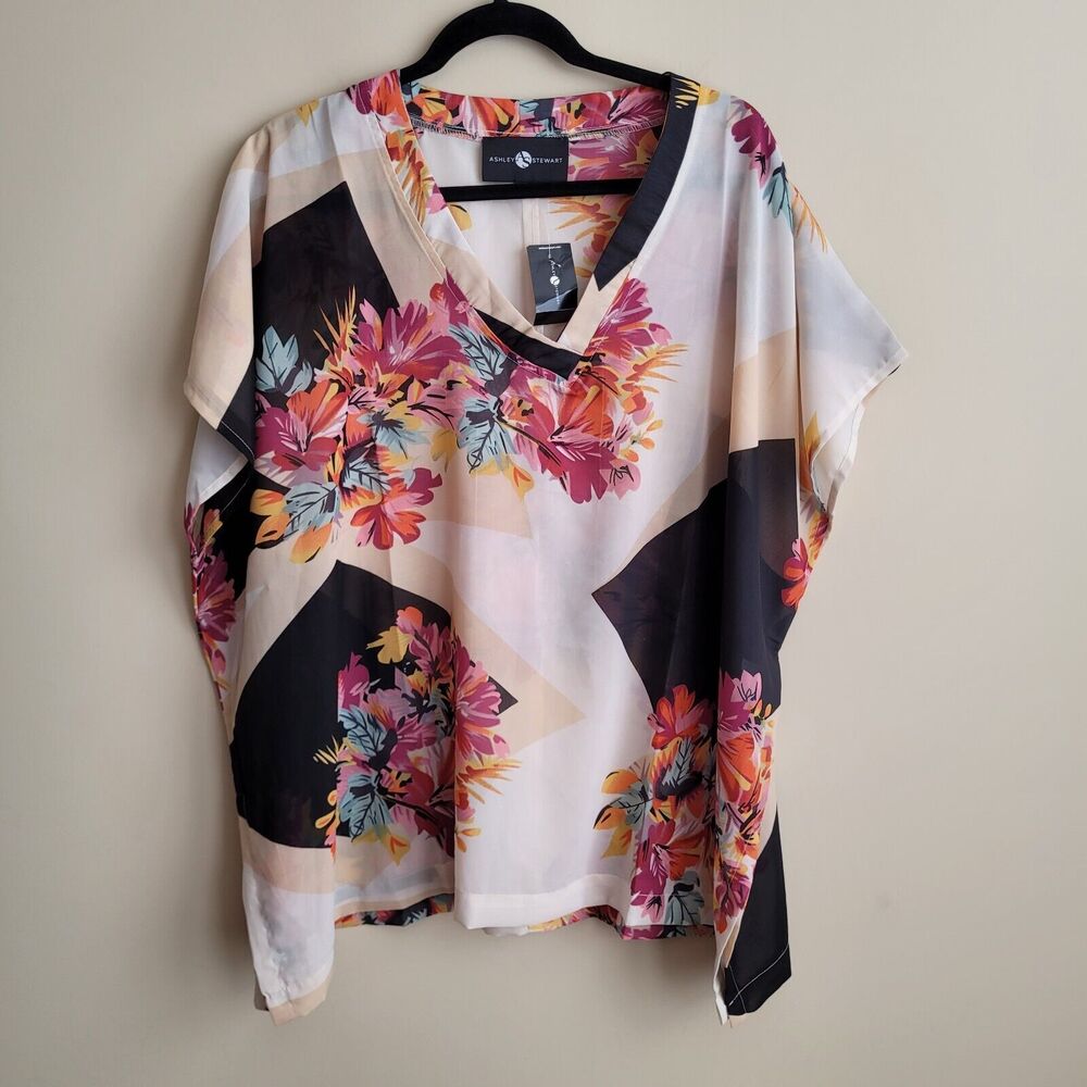 Ashley Stewart Womens Blouse Plus Size 1X Block Floral Print Sheer Poncho NWT
